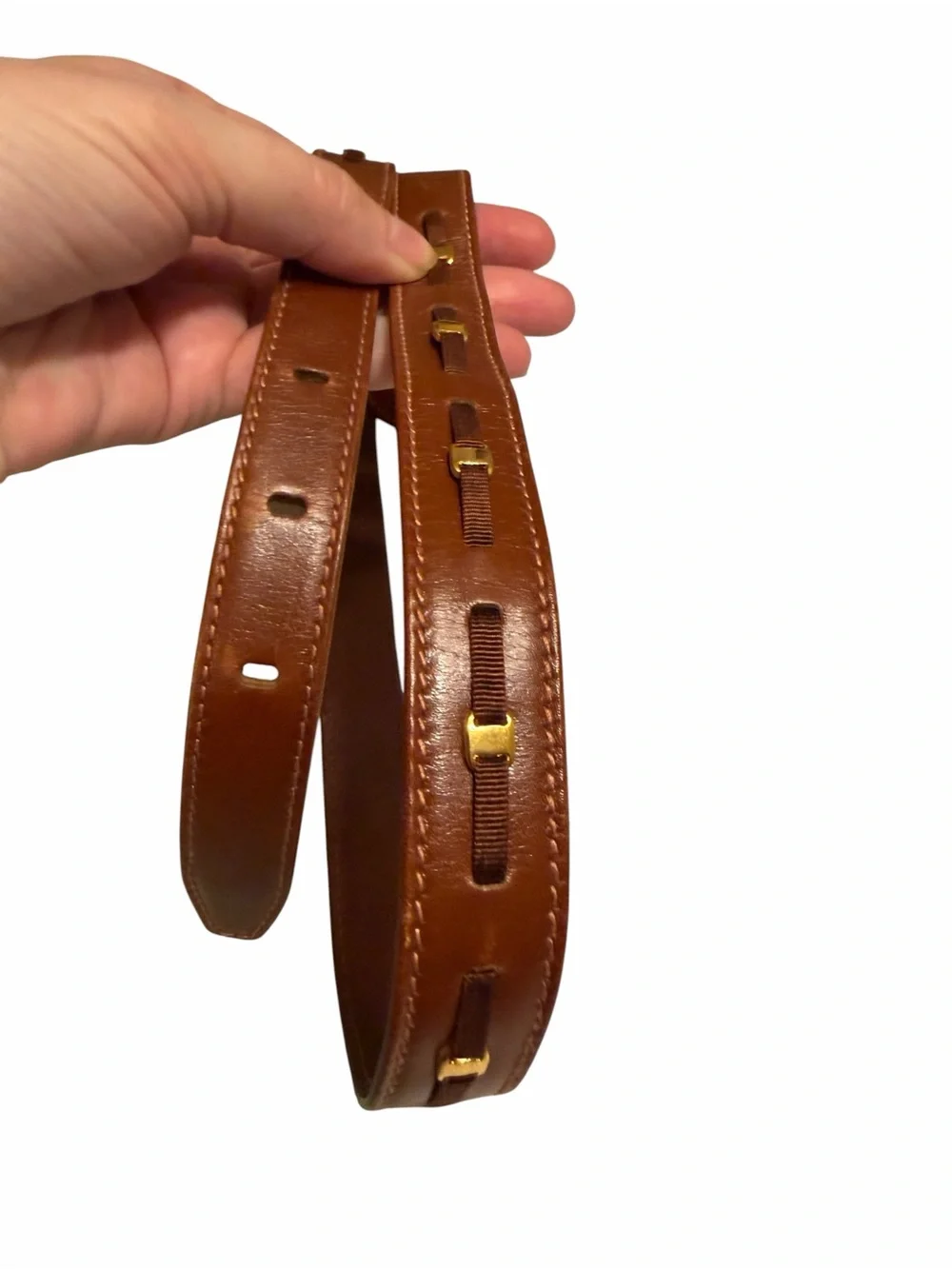 Salvatore Ferragamo Vara Brown Skinny Leather Belt with Gold Hardware 70cm